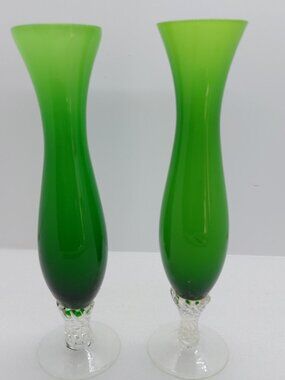 2 Vintage Green Glass Footed Bud 8" Vase